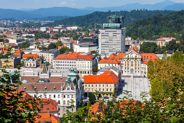 Ljubljana, Slovenia, August 5, 2019. Picturesque city view from the review site Ljubljanski grad