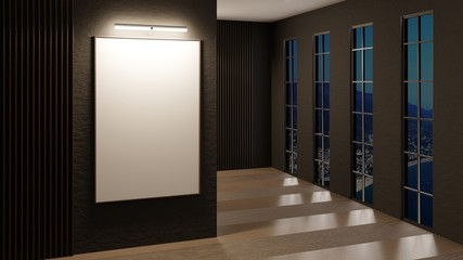 Mockup with an empty frame on a wall. Empty office with panoramic windows. 3D rendering.