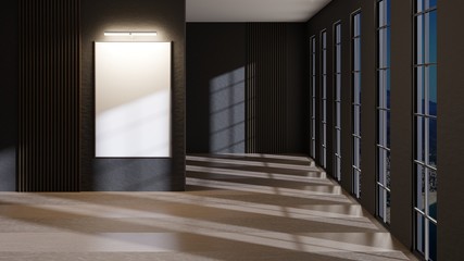 Mockup with an empty frame on a wall. Empty office with panoramic windows. 3D rendering.