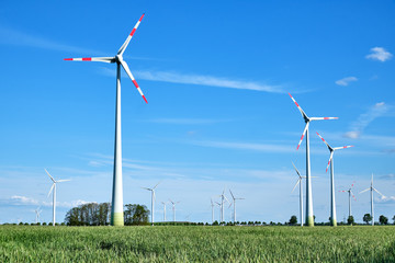 Modern wind energy generators in a cornfield seen in Germany