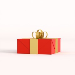 Red gift box with golden ribbon isolated in white background.