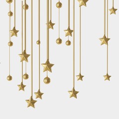Golden festive decorative hanging metal stars and balls isolated in white background.