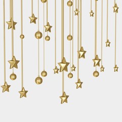Golden festive decorative hanging metal stars and balls isolated in white background.