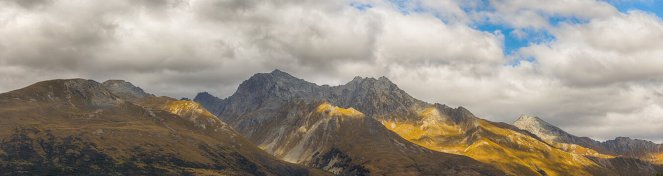 Panoramic at Mount Larkins mountain peaks in Lord of the Rings film location  Glenorchy  New Zealand