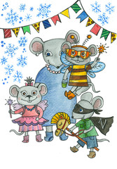 Christmas mouse, watercolor illustration for the new year and Christmas. Mother mouse and children in fancy dress