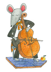 watercolor illustration with a mouse, a mouse playing the cello, a mouse-musician © katushello