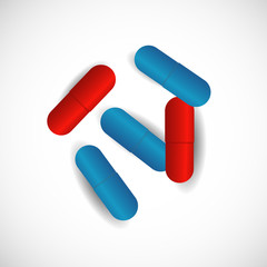 red pill blue pill vector illustration. Blue and red pills iscon sign on white background.
