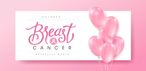 Breast cancer october awareness month pink balloons banner background,vector illustration
