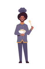 Fototapeta premium male professional chef cook holding plate with porridge and spoon african american man restaurant worker in uniform tasting dish cooking food concept flat full length vertical