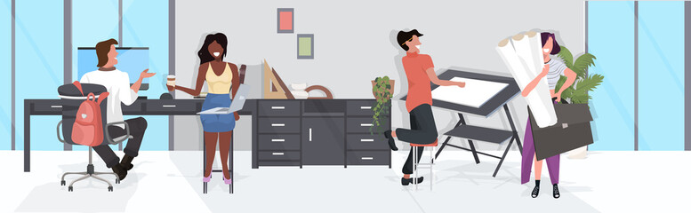 architectors team working together designer using adjustable board mix race colleagues discussing during meeting modern office draftsman studio interior flat full length horizontal