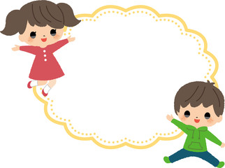 ジャンプ　吹き出し　フレーム　子供　男の子　女の子