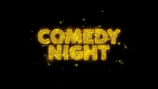 Comedy Night Text Sparks Glitter Particles on Black Background. Sale, Discount Price, Off Deals, Offer promotion offer percent discount ads 4K Loop Animation.