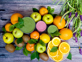 Fresh fruits on wooden background. View from above
