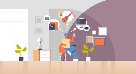 man sitting on armchair guy holding smartphone using online mobile application online shopping digital technology concept modern living room interior flat full length horizontal