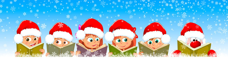 Children and Santa read books for Christmas. Little children read books. Children and Santa with books on a background of winter, on a background of snowflakes