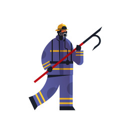 brave fireman holding scrap firefighter wearing uniform firefighting emergency service extinguishing fire concept flat white background full length