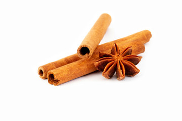 Star anise and Cinnamon sticks  isolated on white background.