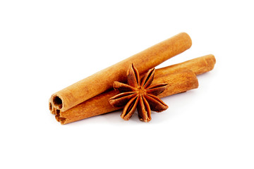 Star anise and Cinnamon sticks  isolated on white background.