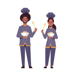 cooks couple professional chefs holding plates with porridge and spoons african american man woman restaurant workers in uniform tasting dishes cooking food concept flat full length