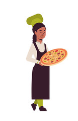 female professional chef cook holding tray with fresh pizza african american woman restaurant kitchen worker in uniform cooking food concept flat full length vertical