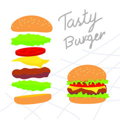 Delicious hamburger with tomato, lettuce, and cheese on white backgroung.
