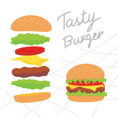 Delicious hamburger with tomato, lettuce, and cheese on white backgroung.
