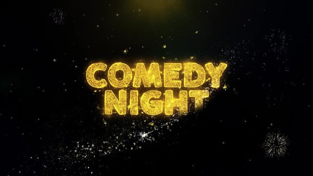 Comedy Night Text on Gold Glitter Particles Spark Exploding Fireworks Display. Sale, Discount Price, Off Deals, Offer Promotion Offer Percent Discount ads 4K Loop Animation.