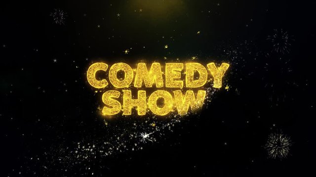 Comedy Show Text on Gold Glitter Particles Spark Exploding Fireworks Display. Sale, Discount Price, Off Deals, Offer Promotion Offer Percent Discount ads 4K Loop Animation.