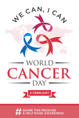 World cancer day lettering element design with different color ribbon on white background
