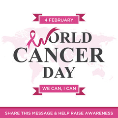 World cancer day lettering element design with purple color ribbon on white background