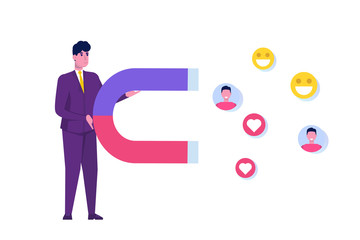 Influencer  digital marketing concept,  engaging with followers, social campaign. Vector illustration.