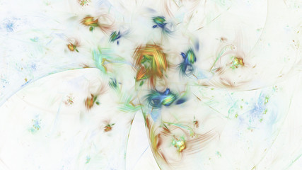 Abstract transparent green and gold crystal shapes. Fantasy light background. Digital fractal art. 3d rendering.