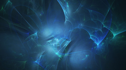 Abstract transparent blue crystal shapes. Fantasy light background. Digital fractal art. 3d rendering.