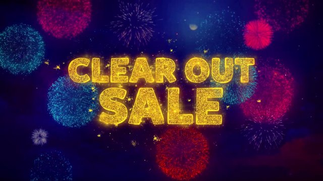 Clear Out Sale Text on Colorful Firework Explosion Particles. Sale, Discount Price, Off Deals, Offer promotion offer percent discount ads 4K Loop Animation.