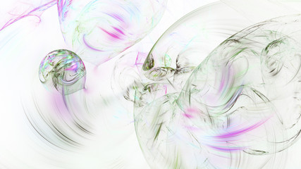 Abstract transparent green and purple crystal shapes. Fantasy light background. Digital fractal art. 3d rendering.
