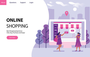 Online shopping concept with women buying some stuff in internet form a computer. Landing modern page template vector illustration - Vector