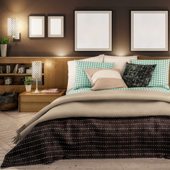 Bedroom interior with template frames by warm artificial light (detail) - 3d visualization