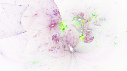Abstract transparent green and pink crystal shapes. Fantasy light background. Digital fractal art. 3d rendering.