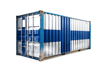  The concept of  Finland export-import, container transporting and national delivery of goods. The transporting container with the national flag of Finland, view front