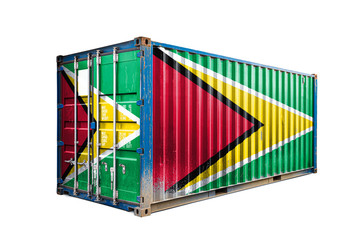  The concept of  Guyana export-import, container transporting and national delivery of goods. The transporting container with the national flag of Guyana., view front