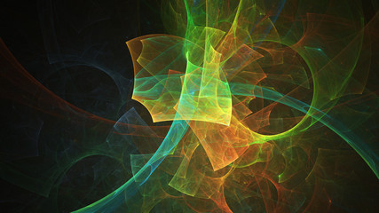 Abstract transparent green and orange crystal shapes. Fantasy light background. Digital fractal art. 3d rendering.