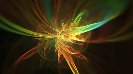 Abstract green and orange fiery shapes. Fantasy light background. Digital fractal art. 3d rendering.