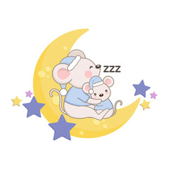 Cute mouse mom and baby sleep on the moon.