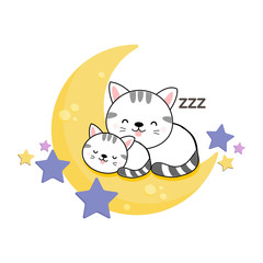 Cute cat mom and baby sleep on the moon.