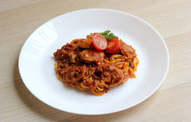 Delicious Spicy Spaghetti - Top View and Close Up - Home Made