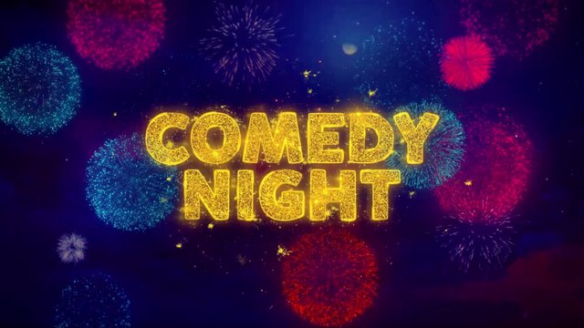 Comedy Night Text on Colorful Firework Explosion Particles. Sale, Discount Price, Off Deals, Offer promotion offer percent discount ads 4K Loop Animation.