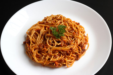 Delicious Spicy Spaghetti - Top View and Close Up - Home Made