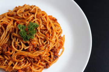 Delicious Spicy Spaghetti - Top View and Close Up - Home Made