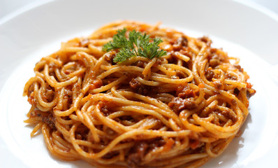 Delicious Spicy Spaghetti - Top View and Close Up - Home Made