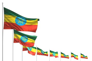 nice many Ethiopia flags placed diagonal isolated on white with place for your content - any holiday flag 3d illustration..
